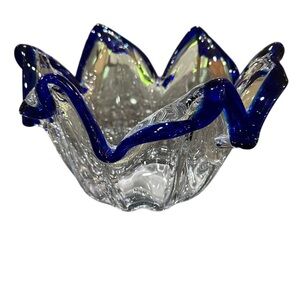 Elegant Blue and Clear Glass Art Bowl
